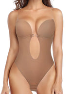 JOYSHAPER Women Plunge Backless Body shaper Bra Bodysuit Seamless Low back Thong Shapewear for Backless Dress Brown XL