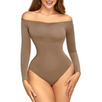 Hioffer Women Off Shoulder Long Sleeve Bodysuit Tummy Control Seamless Shapewear Sculpting Body Shaper Jumpsuit Tops